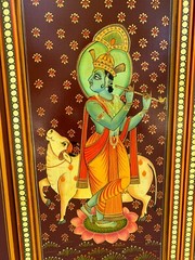 Radha Krishna Hand Painted Wooden Window Religious Hindu Deity Wall Decor Frame