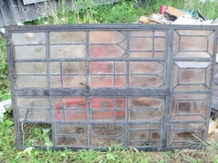 Vintage Leaded Brown Glass Steel Full Casement Window, 61 1/2″ x 39 1/4″