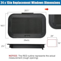 Frameless RV Window, Tinted with Net Screen and Trim Ring | 24″ W x 15″ H,