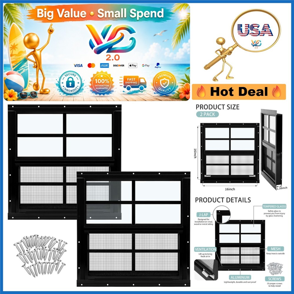 2 Pack Black 16×16 Aluminum Shed Windows Tempered Glass Screen Flush Mount