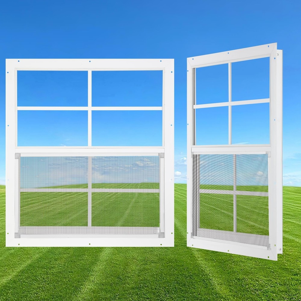2 Pack 24×27 Shed Windows – Small Sliding Tempered Glass with Metal Mesh Screen