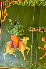 Antique Hand Painted Hindu Deities Durga & Shiva Old Rajasthani Wooden Window