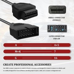 OBD1 to OBD2 Adapter Cable, 12 Pin to 16 Pin Diagnostic Scanner Connector for Mo