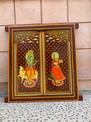 Radha Krishna Hand Painted Wooden Window Religious Hindu Deity Wall Decor Frame