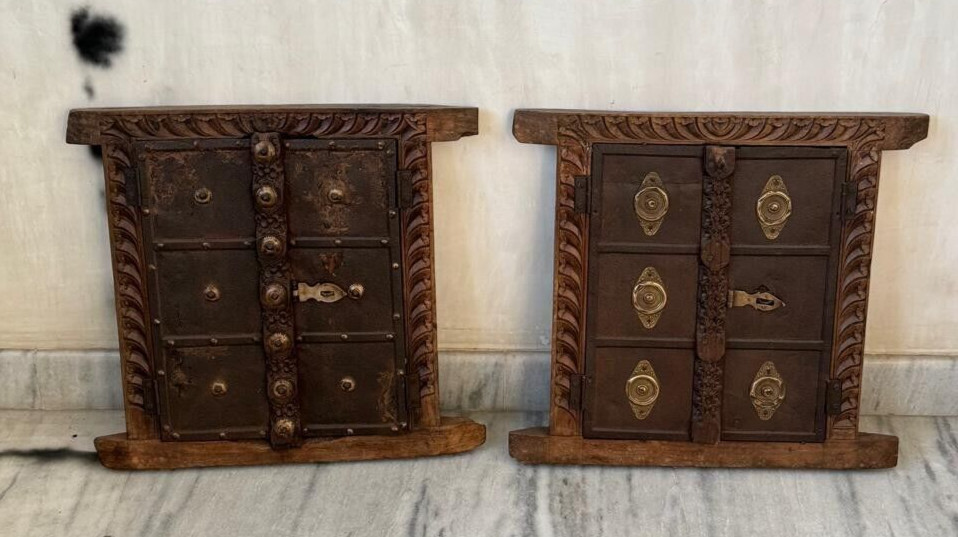 2Pc Antique Wooden Brass Fitted Wall Decor Window Panel Original Hand Carved