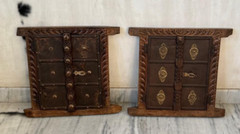 2Pc Antique Wooden Brass Fitted Wall Decor Window Panel Original Hand Carved