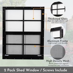 2 Pack 18″x23″ Black Shed Windows with Tempered Glass & Screen – Flush Mount
