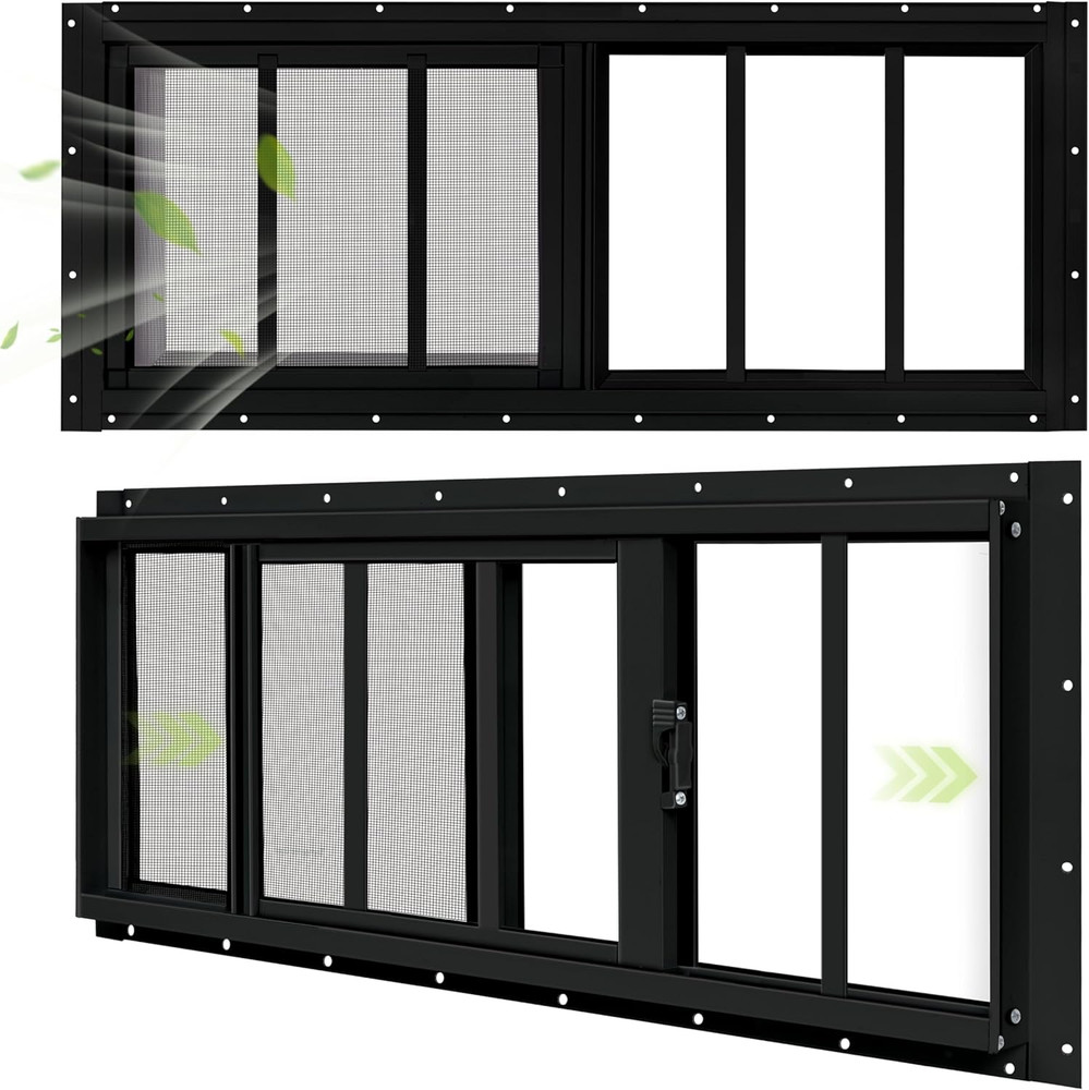 2 Pack 12″x29″ Black Sliding Shed Windows with Tempered Glass & Screen