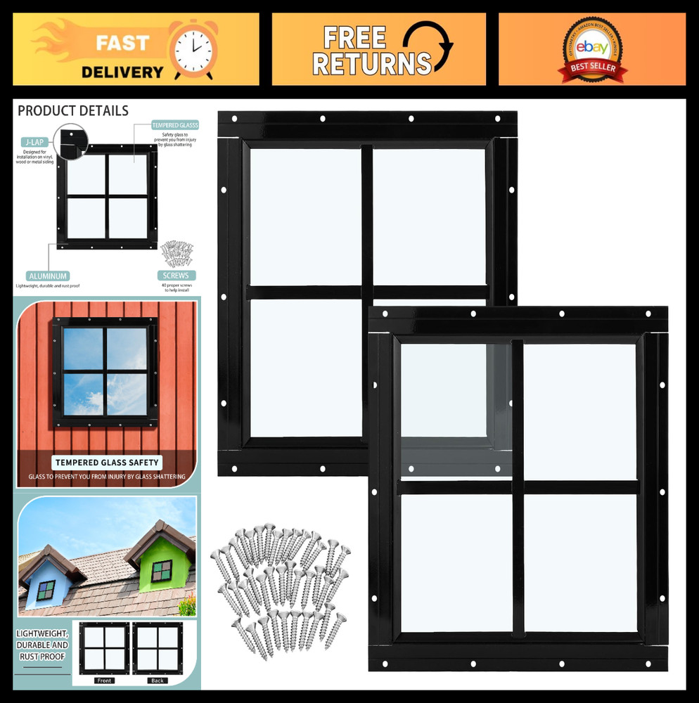 2 Pack 12″ x 12″ Black Flush Mount Shed Windows with Tempered Glass for Coop, Ba