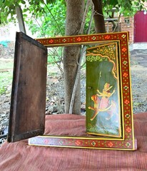 Antique Hand Painted Hindu Deities Durga & Shiva Old Rajasthani Wooden Window