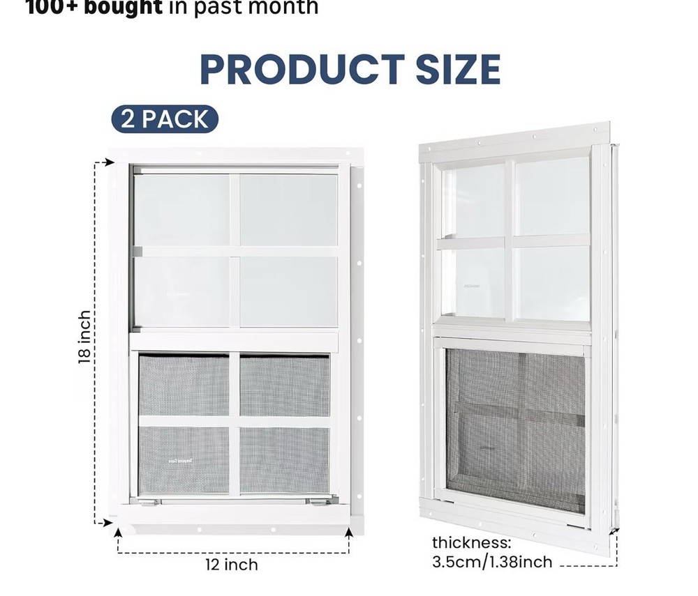 2 Pack 12×18 Flush Mount Shed Windows with Tempered Glass & Screen – White(S113)