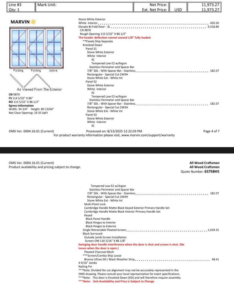 Brand new Marvin Elevate bi-fold door – 3L, RO 115×86, white/white, with lites