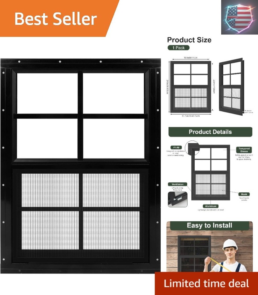1 Pack Black Shed Windows 18″ x 23″ Flush Mount Window with Tempered Glass an…