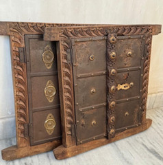 2Pc Antique Wooden Brass Fitted Wall Decor Window Panel Original Hand Carved