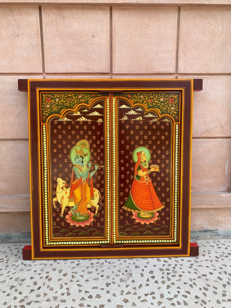 Radha Krishna Hand Painted Wooden Window Religious Hindu Deity Wall Decor Frame