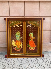 Radha Krishna Hand Painted Wooden Window Religious Hindu Deity Wall Decor Frame
