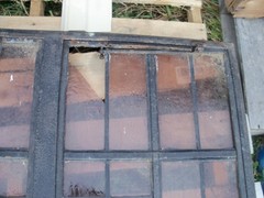Vintage Leaded Brown Glass Steel Full Casement Window, 61 1/2″ x 39 1/4″