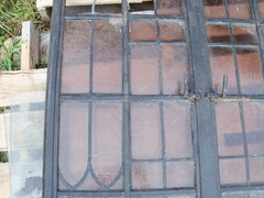 Vintage Leaded Brown Glass Steel Full Casement Window, 61 1/2″ x 39 1/4″