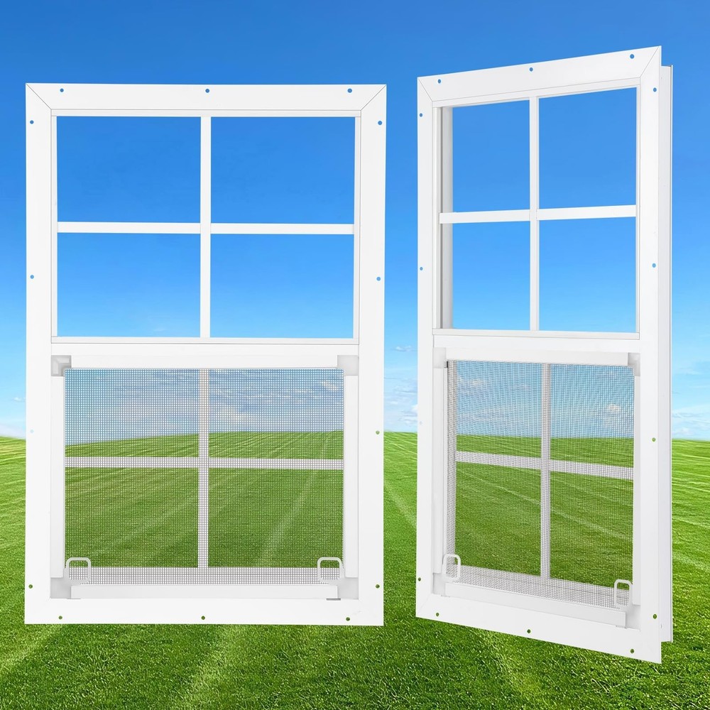 18″ x 27″ Shed Windows 2 Pack – Small Sliding Tempered Glass & Metal Screen, Flu