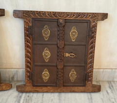 2Pc Antique Wooden Brass Fitted Wall Decor Window Panel Original Hand Carved