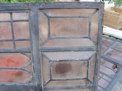 Vintage Leaded Brown Glass Steel Full Casement Window, 61 1/2″ x 39 1/4″