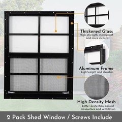 2 Pack 18″x23″ Black Shed Windows with Tempered Glass & Screen – Flush Mount