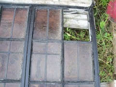 Vintage Leaded Brown Glass Steel Full Casement Window, 61 1/2″ x 39 1/4″