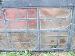 Vintage Leaded Brown Glass Steel Full Casement Window, 61 1/2″ x 39 1/4″