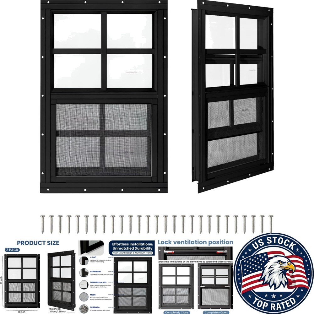 Flush Mount 12×18 Sliding Shed Windows – Durable Tempered Glass & Screen, 2 Pack