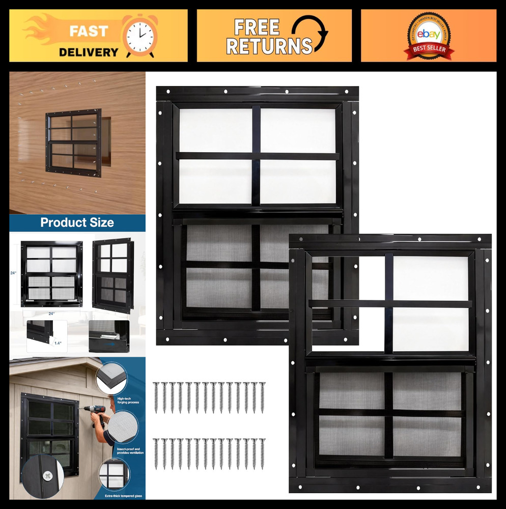 2 Pack 24×24 Shed Windows with Tempered Glass & Fiberglass Screen for Coop, Barn