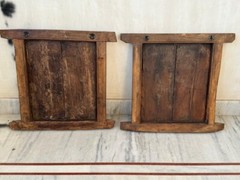 2Pc Antique Wooden Brass Fitted Wall Decor Window Panel Original Hand Carved