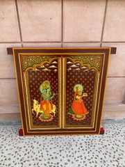 Radha Krishna Hand Painted Wooden Window Religious Hindu Deity Wall Decor Frame