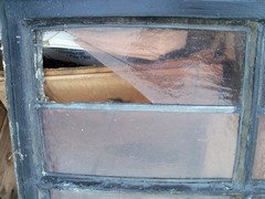 Vintage Leaded Brown Glass Steel Full Casement Window, 61 1/2″ x 39 1/4″