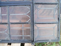 Vintage Leaded Brown Glass Steel Full Casement Window, 61 1/2″ x 39 1/4″