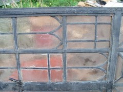 Vintage Leaded Brown Glass Steel Full Casement Window, 61 1/2″ x 39 1/4″