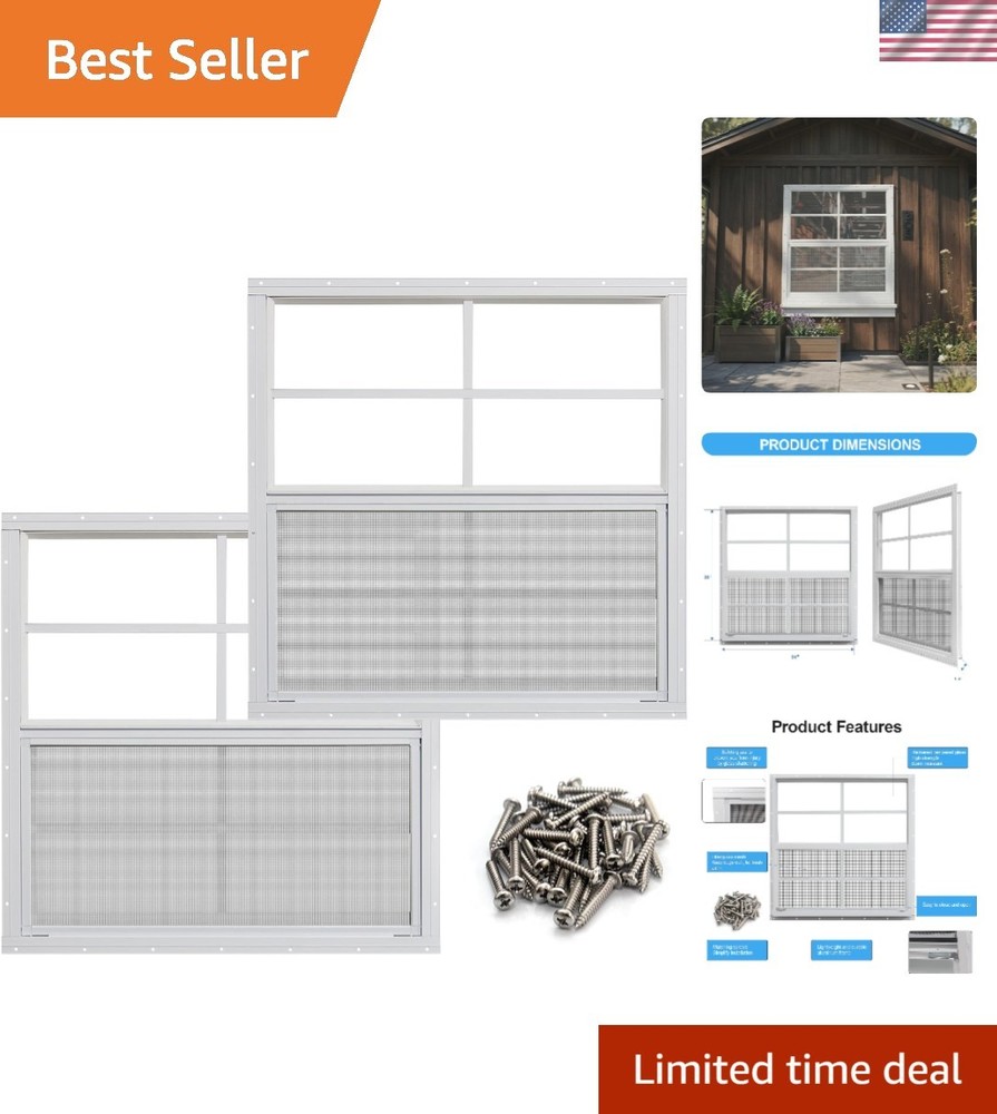 36″ x 36″ Durable Shed Windows – Tempered Glass & Fiberglass Screen, 2 Pack
