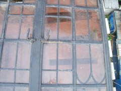 Vintage Leaded Brown Glass Steel Full Casement Window, 61 1/2″ x 39 1/4″