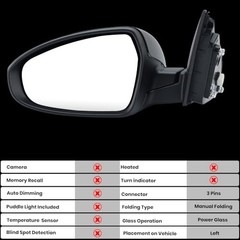Left Driver Side Mirror Compatible with 2019 2020 2021 2022 2023 L-3 Pins black