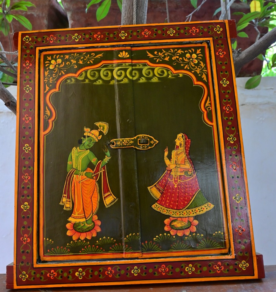 Antique Wooden Window Hand Painted Radha Krishna Rajasthani Wall Hanging Frame