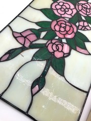 2 Slag Glass Windows One Framed for Repair Craft DIY Project Floral Design Rose