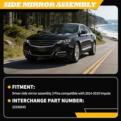 Gloss Black Driver Side Mirror Assembly Compatible with 2014-2019 Impala Left