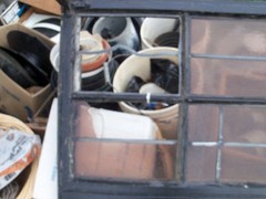Vintage Leaded Brown Glass Steel Full Casement Window, 61 1/2″ x 39 1/4″
