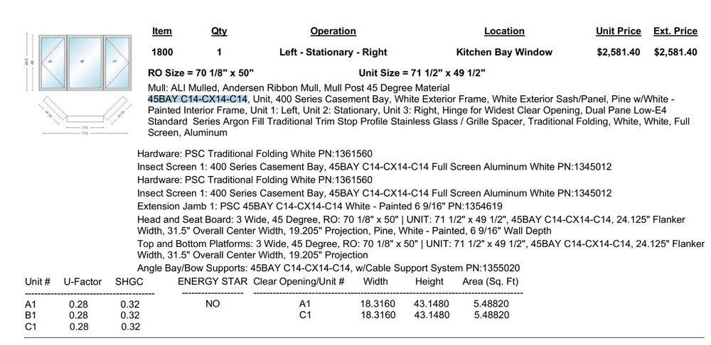 Anderson bay window 45BAY C14-CX14-C14, Unit, 400 Series Casement Bay White