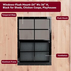 24″ x 36″ Black Shed Windows 2 Pack,Small Windows with Tempered Glass – Flush.