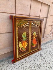Radha Krishna Hand Painted Wooden Window Religious Hindu Deity Wall Decor Frame