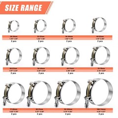24 Pack 12 Sizes T-Bolt Hose Clamps, Stainless Steel_304 Working Range 28mm-1…