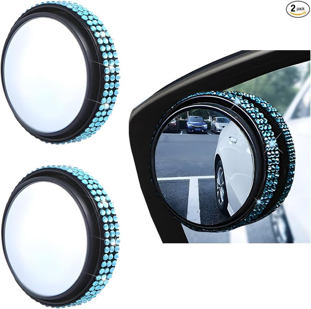 2PCS Bling Car Blind Spot Mirror, 2″ Crystal Rhinestone HD Gl Color: Lake Blue