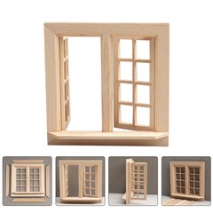 2 Set of Miniature Wooden Blank Window Models Durable Khaki Mini House Decor