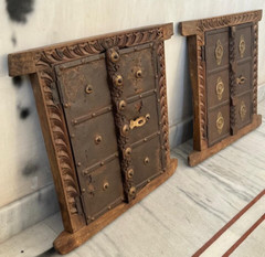 2Pc Antique Wooden Brass Fitted Wall Decor Window Panel Original Hand Carved