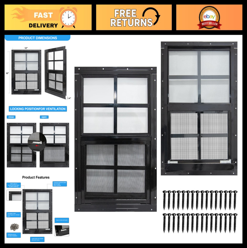 2 Pack 12×18 Shed Windows with Black Frame, Tempered Glass & Screen for Coop, Ga